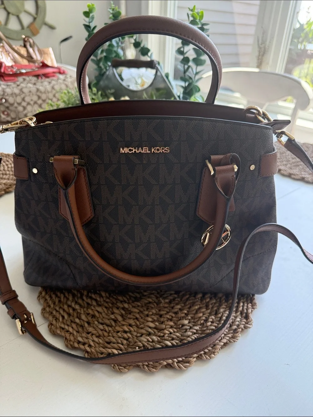 Michael Kors Brown Logo Satchel with Gold Hardware